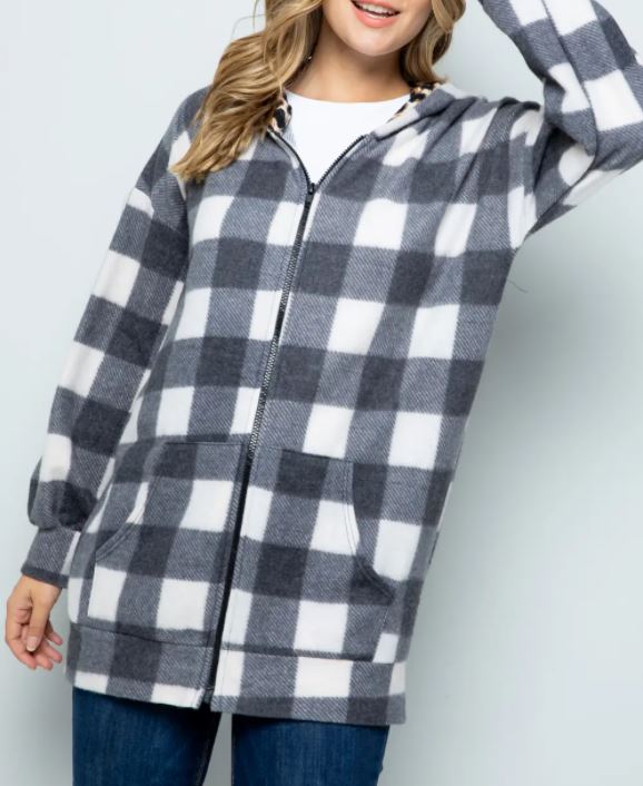 White Plaid Front Zip Hoodie